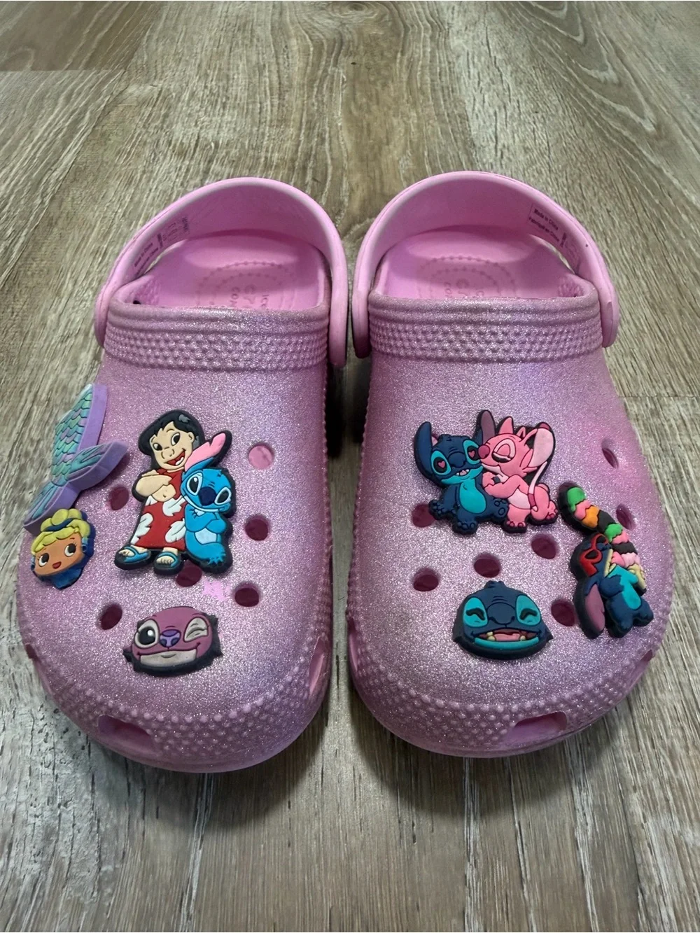 CROCS Kids Pink Glitter Clogs with Lilo & Stitch Charms